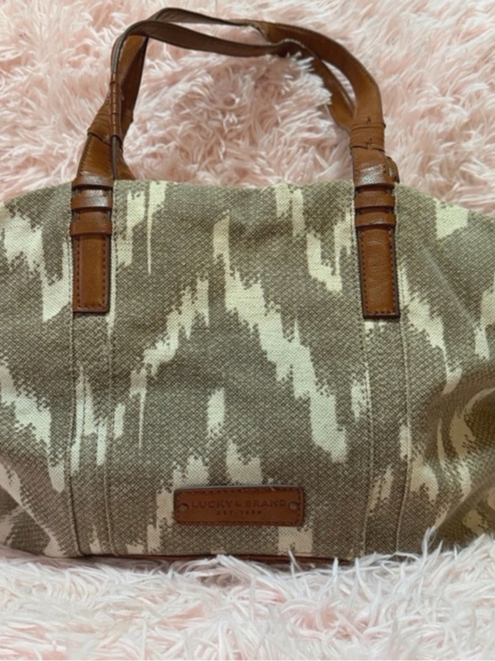 Lucky Brand Taupe & Cream Canvas Tote with Brown Leather Handles